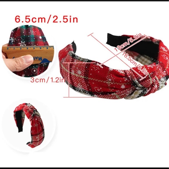 New Christmas Holiday fabric top knot Red black Buffalo plaid flexible headband - Picture 4 of 12